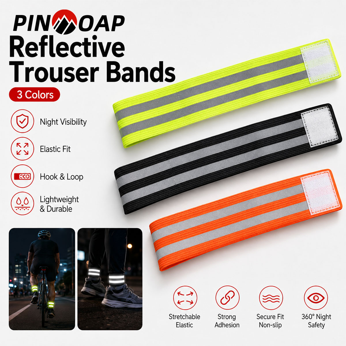 Cycling Commute Pants - PINMOAP สายรัดขากางเกงจักรยาน 1/2 ชิ้น พร้อมคลิปสะท้อนแสงสำหรับข้อเท้า เหมาะสำหรับปั่นจักรยานเสือภูเขา