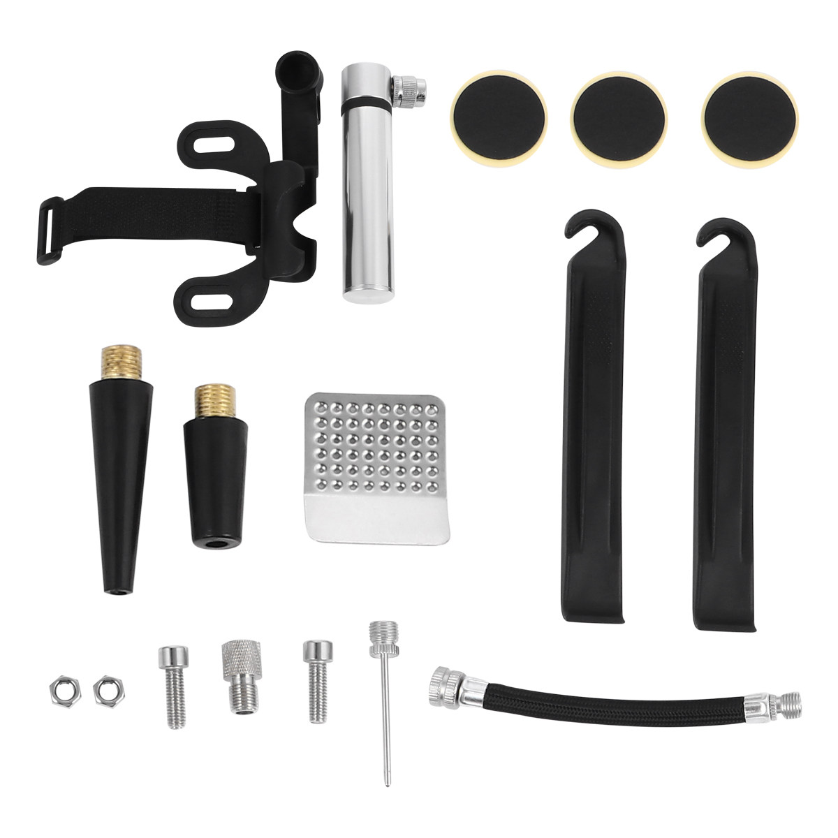 Bike Pump Frame Mount - ปั๊มลมจักรยานและชุดซ่อมยางรั่ว ปั๊มลมติดตั้งบนเฟรมอลูมิเนียมขนาดเล็ก ชุดปะยางแบบไม่ต้องใช้กาว พร้อมเหล็กงัดยาง